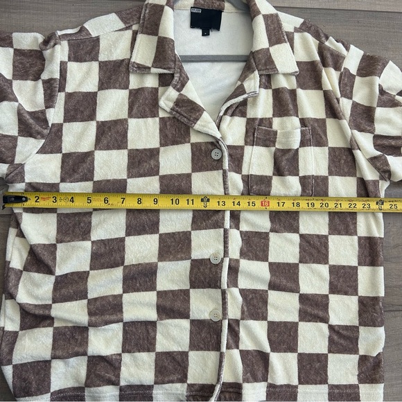 ONA Cream Brown Checkered Terry Oversized Button Down Short Sleeve Top M - Picture 9 of 10